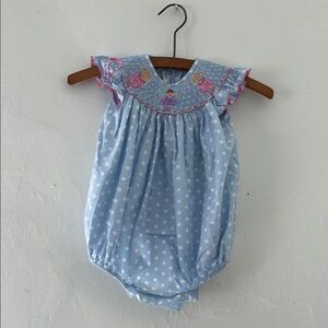 Blue Polka Dot Smocked Baby Bubble Romper